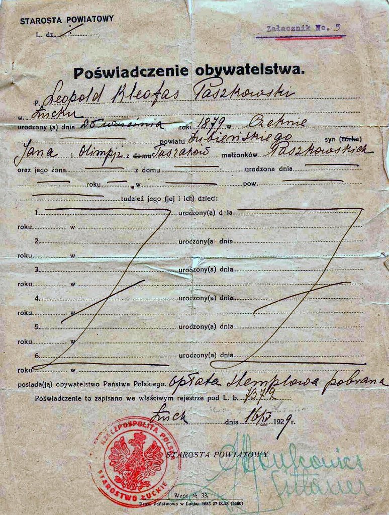 KKE 5980.jpg - Dok. Poświadczenie obywatelskie Leopolda Kleofasa Paszkowskiego, Łuck, 10 IV 1929 r.